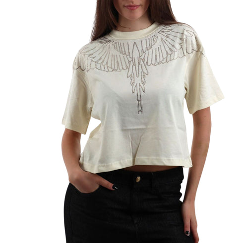 T-shirt Donna crop, con una scollatura girocollo decorata con strass